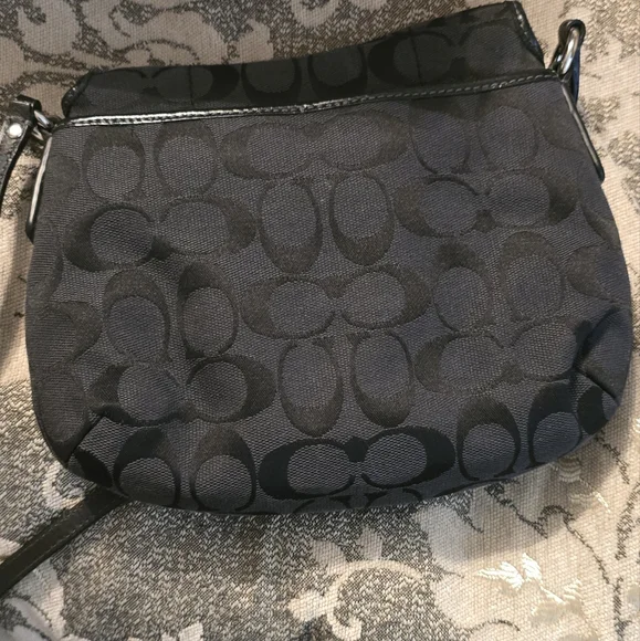 Coach Purse Black Signature Canvas Crossbody Bag Leather Trim Silver Tone Accent - Picture 3 of 11